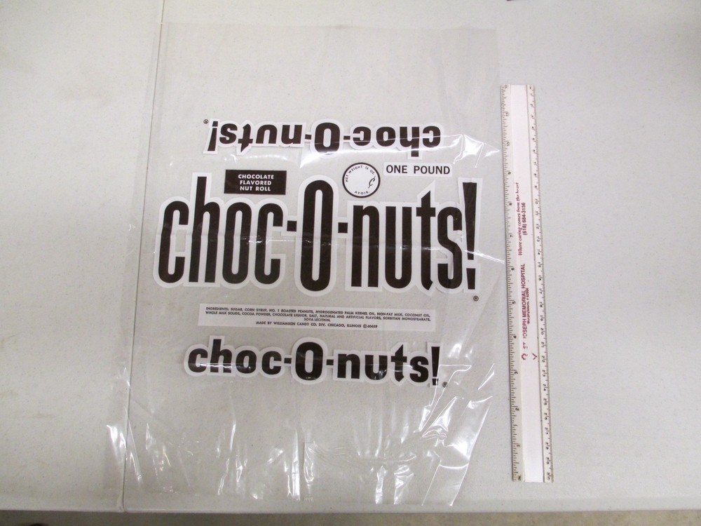 1960s Williamson Candy CHOC-O-NUTS plastic candy bar bag sample with zip code