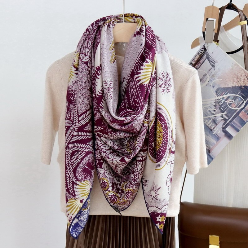 70% Cashmere 30% Silk Double Face Shawl with Trees Flowers Print 53 Inch Wrap Scarf