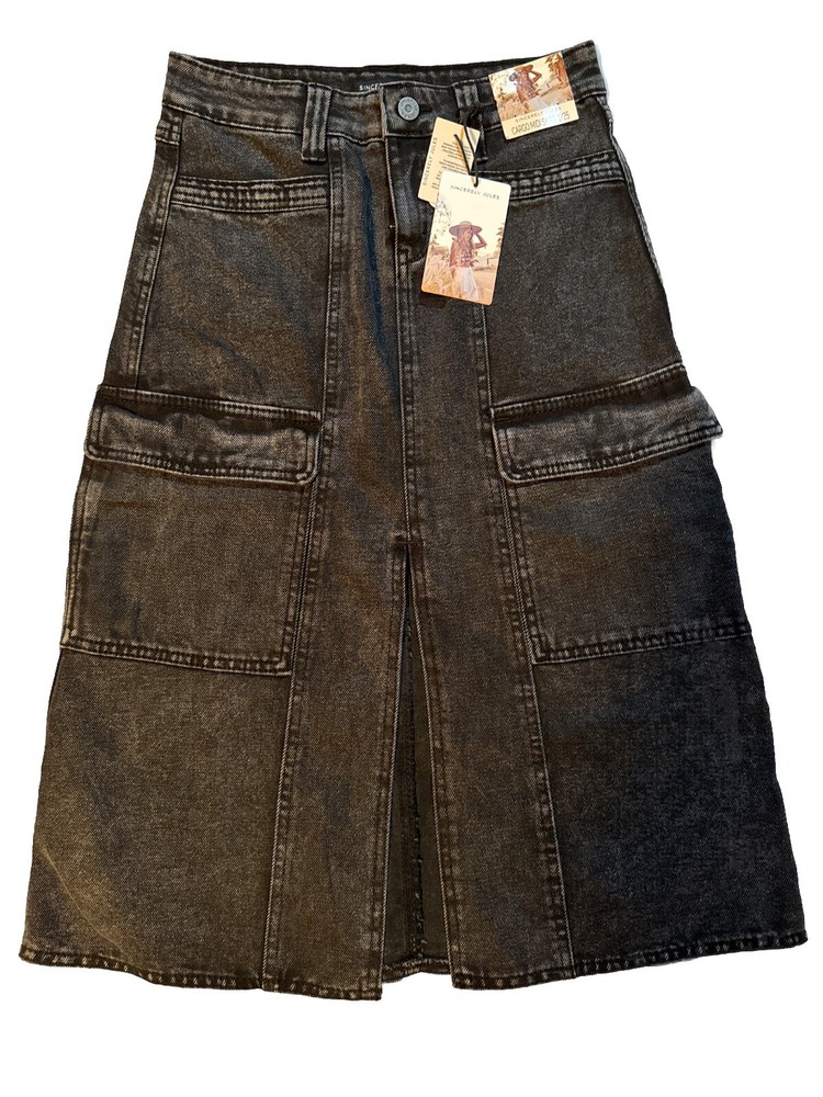 Cargo Denim Midi Skirt Women Boho Sz 1/25 Black Wash Front Split Sincerely Jules