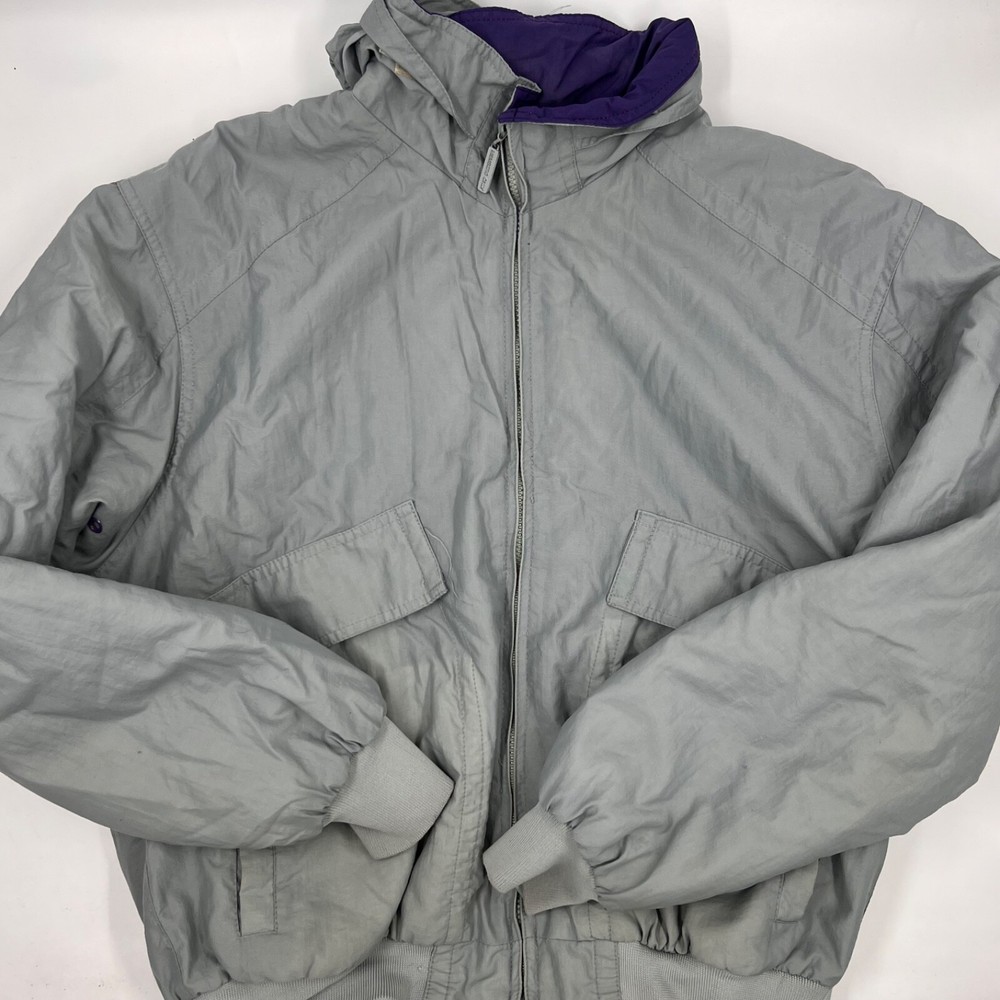 Men's Vintage Gray Hooded Bomber Jacket Size L Lined Winter Coat-image