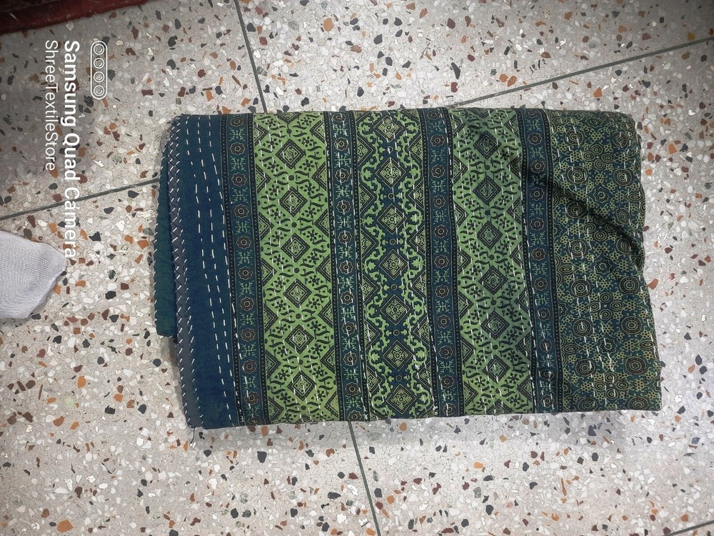 Blue Green Bed-cover bedding blanketThrow Hand Print Ajrakh Kantha Hand Stitched