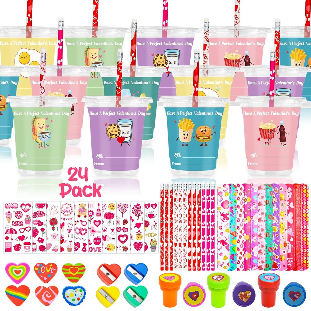 Valentines Day Gifts for Kids - 24 Pack School Stationery Set with 192 Fun Items  -image