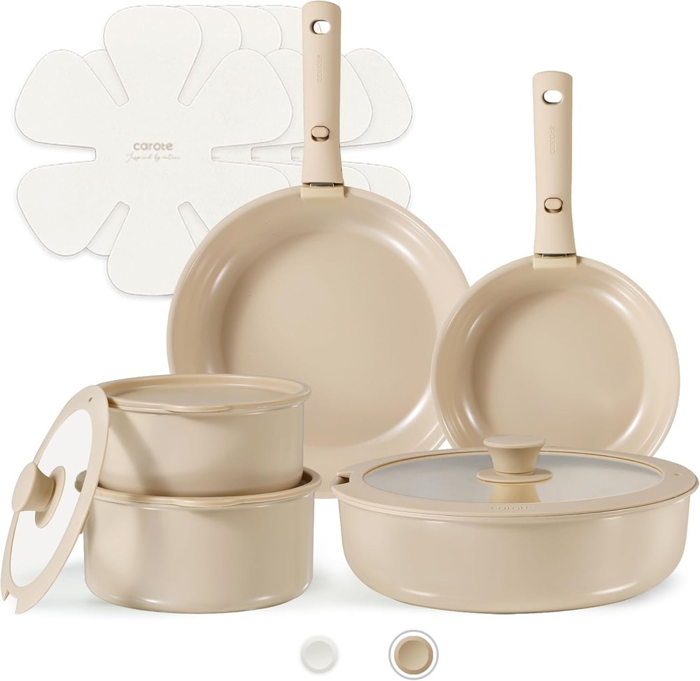 CAROTE 15-Piece Taupe Ceramic Cookware Set for Any Kitchen