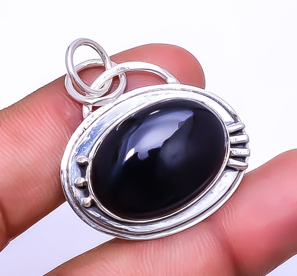 Black Onyx Brazil 925 Sterling Silver Pendant 1.50 Inches Valentine Gift Jewelry P92428020