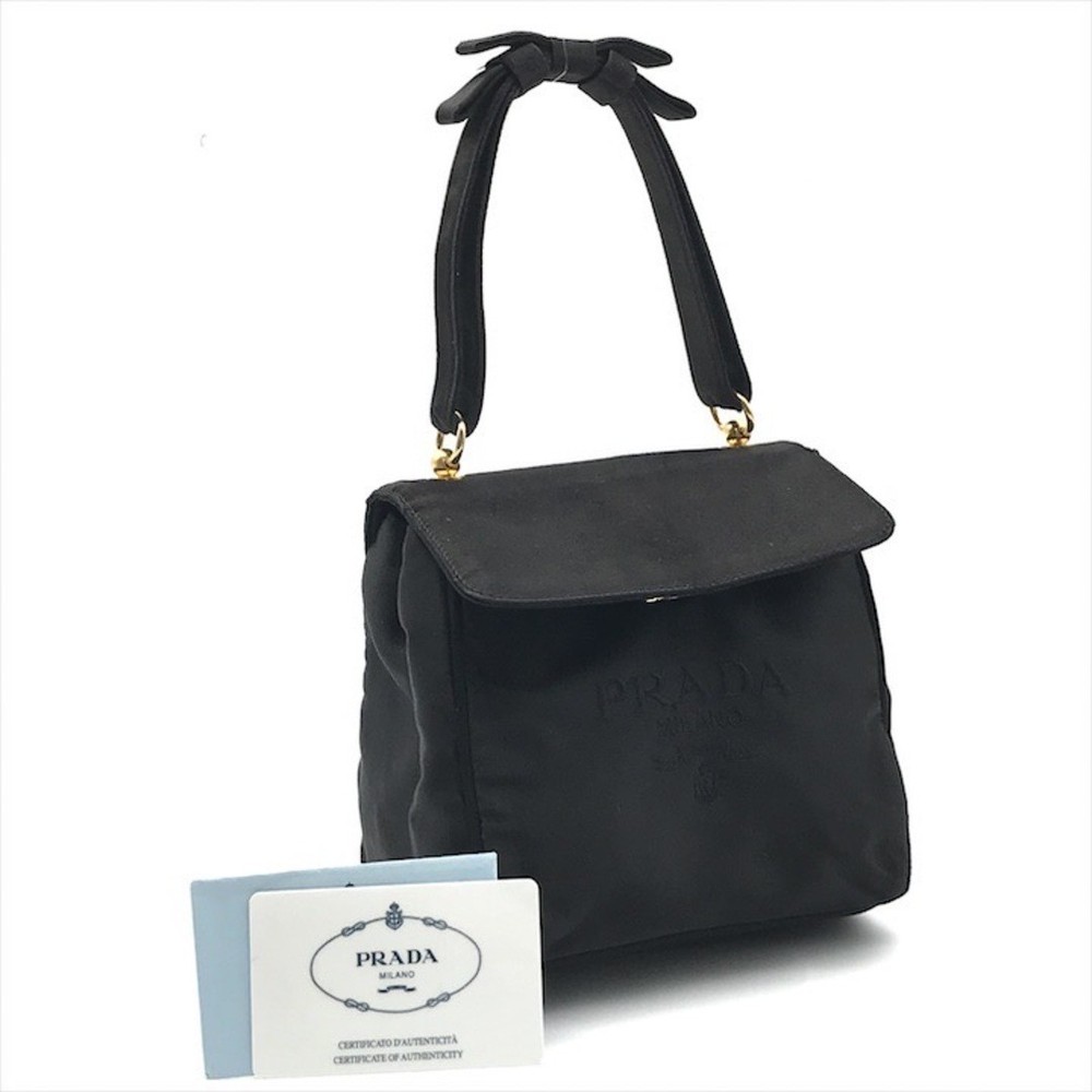 RARE PRADA Embroidered Logo Black Satin Ribbon Handbag Good Condition