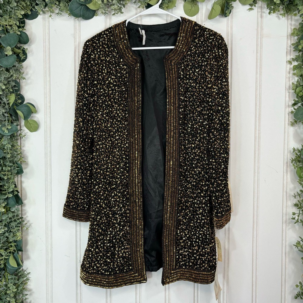 NWT Vintage Niteline by Della Roufogali Black & Gold Silk Sequin Evening Jacket