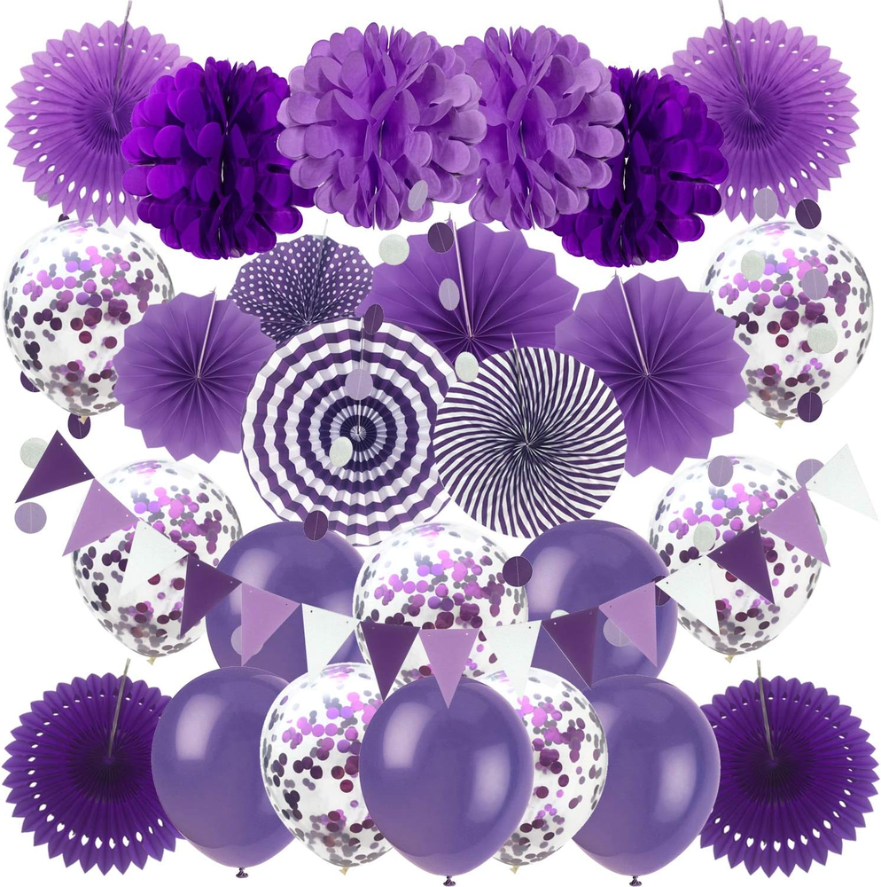 Purple Confetti Balloons Folding Fans Paper Pompom Party Decorations