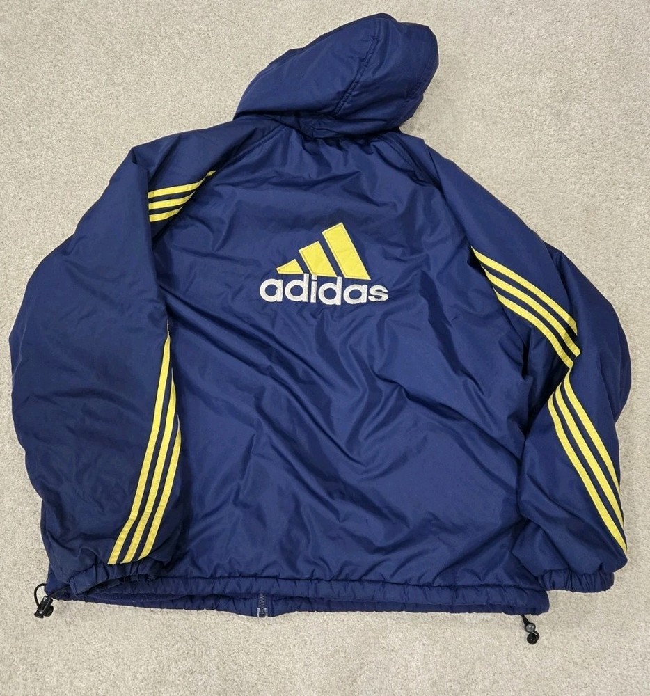 VNTG Adidas Reversible XL Bomber Blue Yellow Jacket Hoodie Trefoil Windbreaker