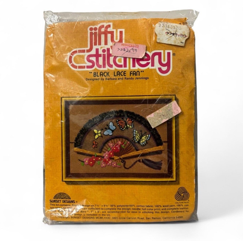 VTG 80s Jiffy Stitchery Crewel Embroidery Kit - Black Lace Fan with Butterfly Wool Yarn
