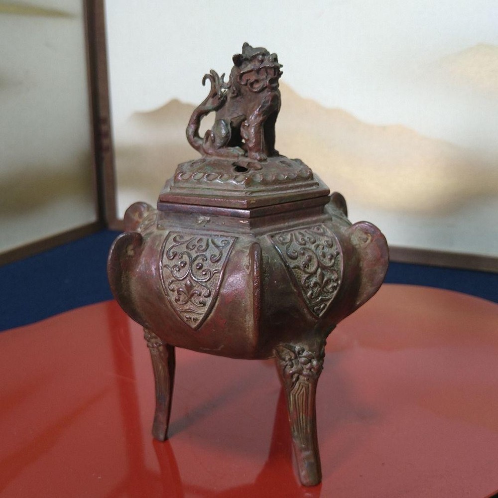 Bronze Incense Burner 6.5 in Shishi Lion Vintage Japanese Censer Sculpture Koro