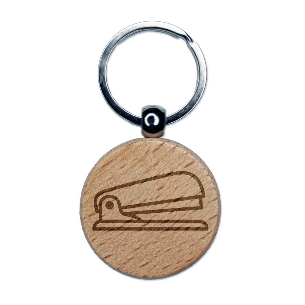 Stapler Office Supplies Engraved Wood Round Keychain Tag Charm