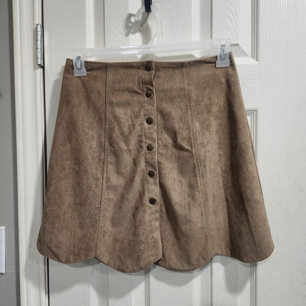 Blue Rain Faux Suede Skirt Small Brown A-Line Scalloped Hem Button Front