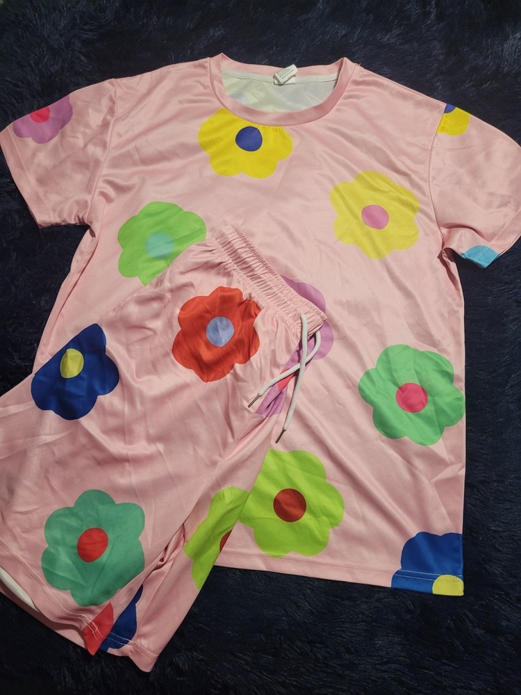 Pink Multicolor Floral 2 Piece Outfit Set, Short Sleeve Top, Pants, Lightweight