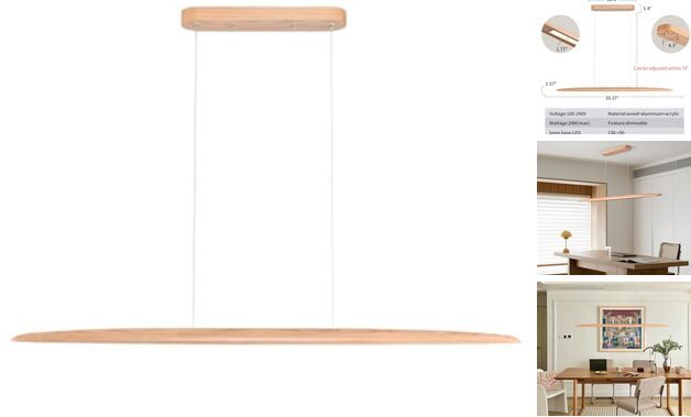 39in Natural Ash Wood LED Linear Pendant Light for Dining Room 24W