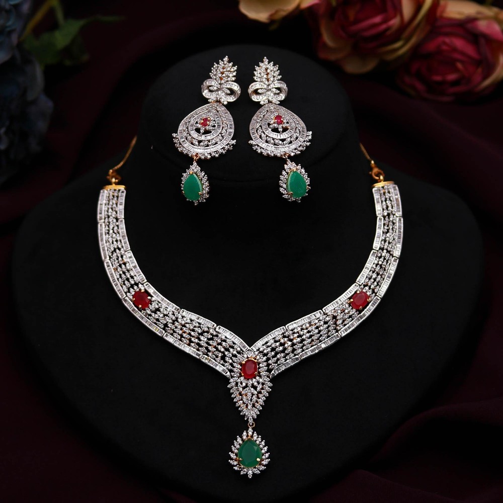 Ruby Emerald White CZ Necklace Earrings  Set Gold Plated Bridal Wedding jewelry