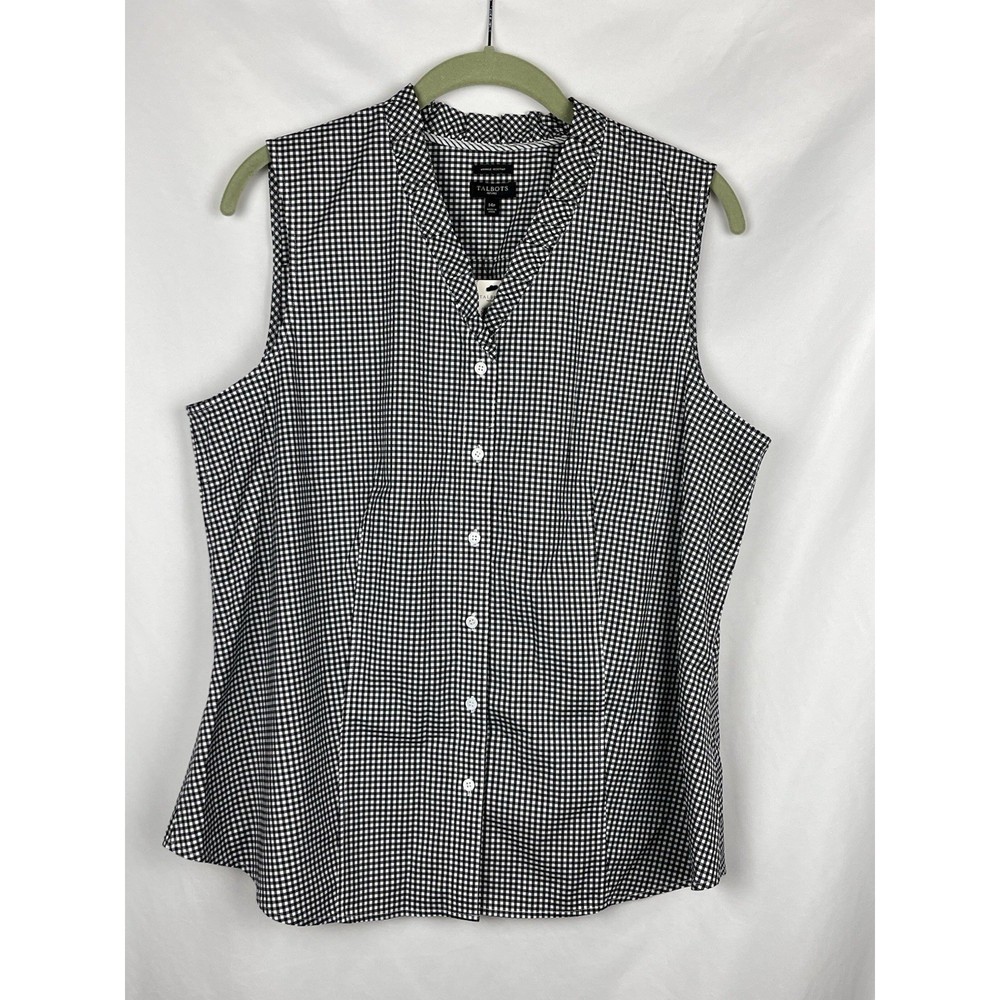 Talbots Petites Gingham Top Sleeveless 14P Black White Wrinkle Resistant NWT