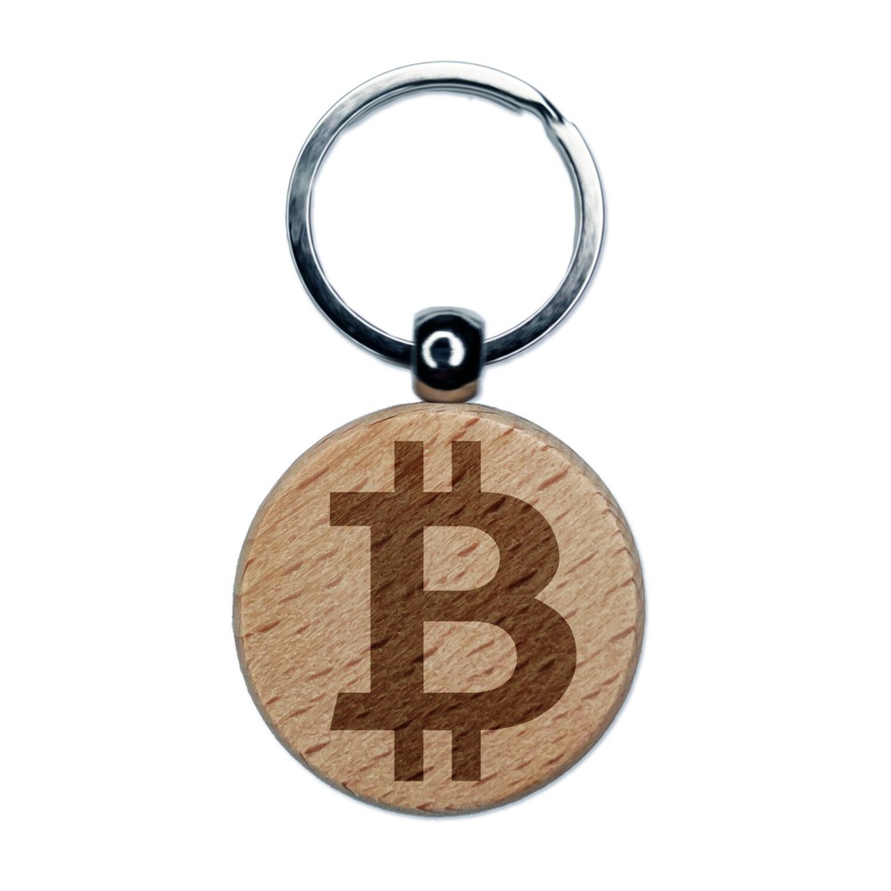 Bitcoin Symbol Cryptocurrency Money Engraved Wood Round Keychain Tag Charm