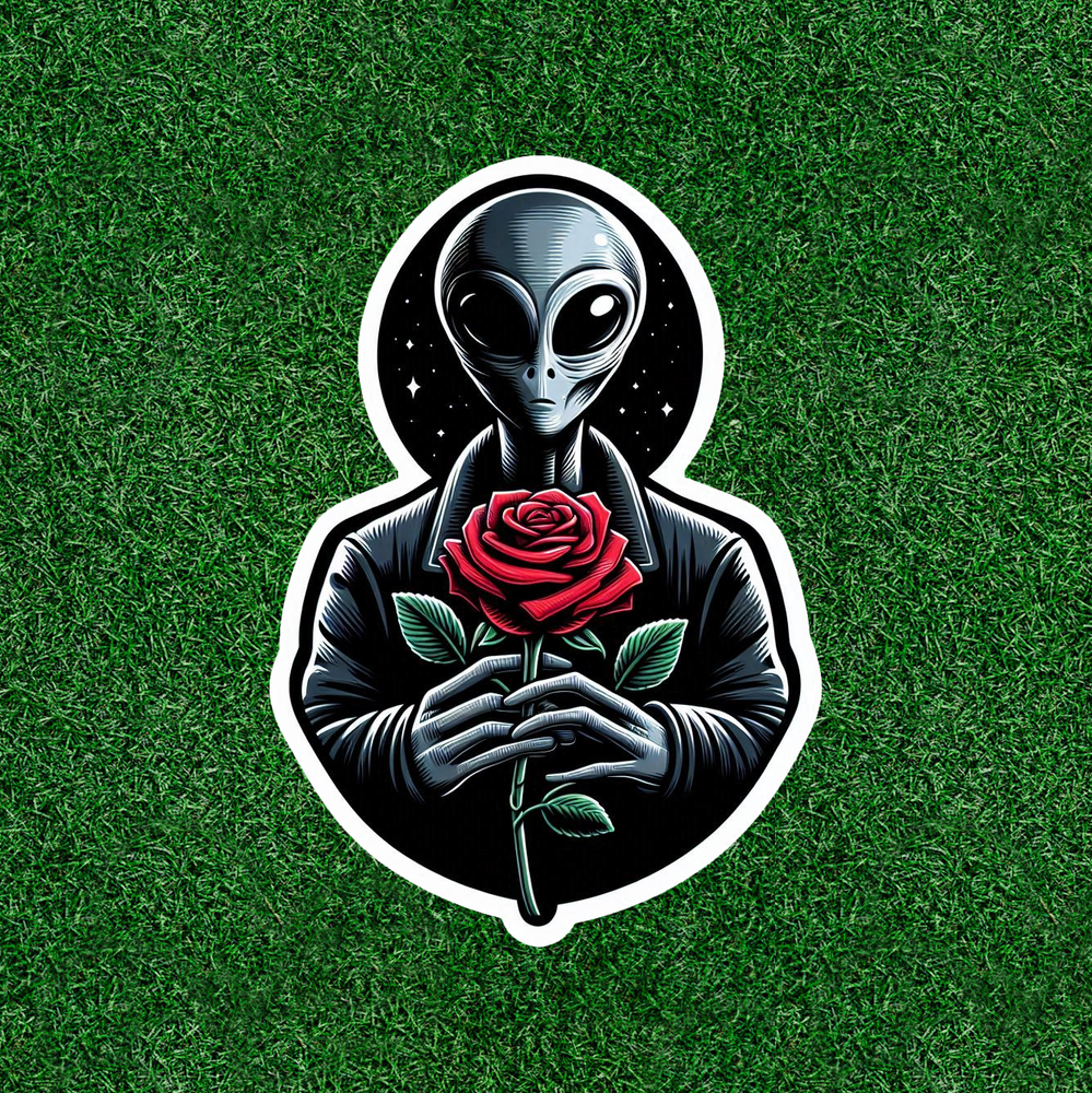 Alien with a red rose 100% waterproof vinyl sticker decal - several sizes