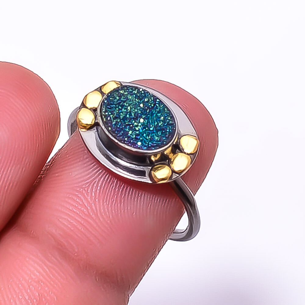 Peacock Titanium Agate Drusy Black And Gold Plated 925 Silver Ring s.8.5 R31