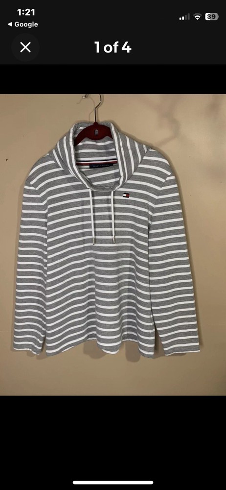 Tommy Hilfiger Striped Hoodie M White Gray Logo Pullover Cotton Womens