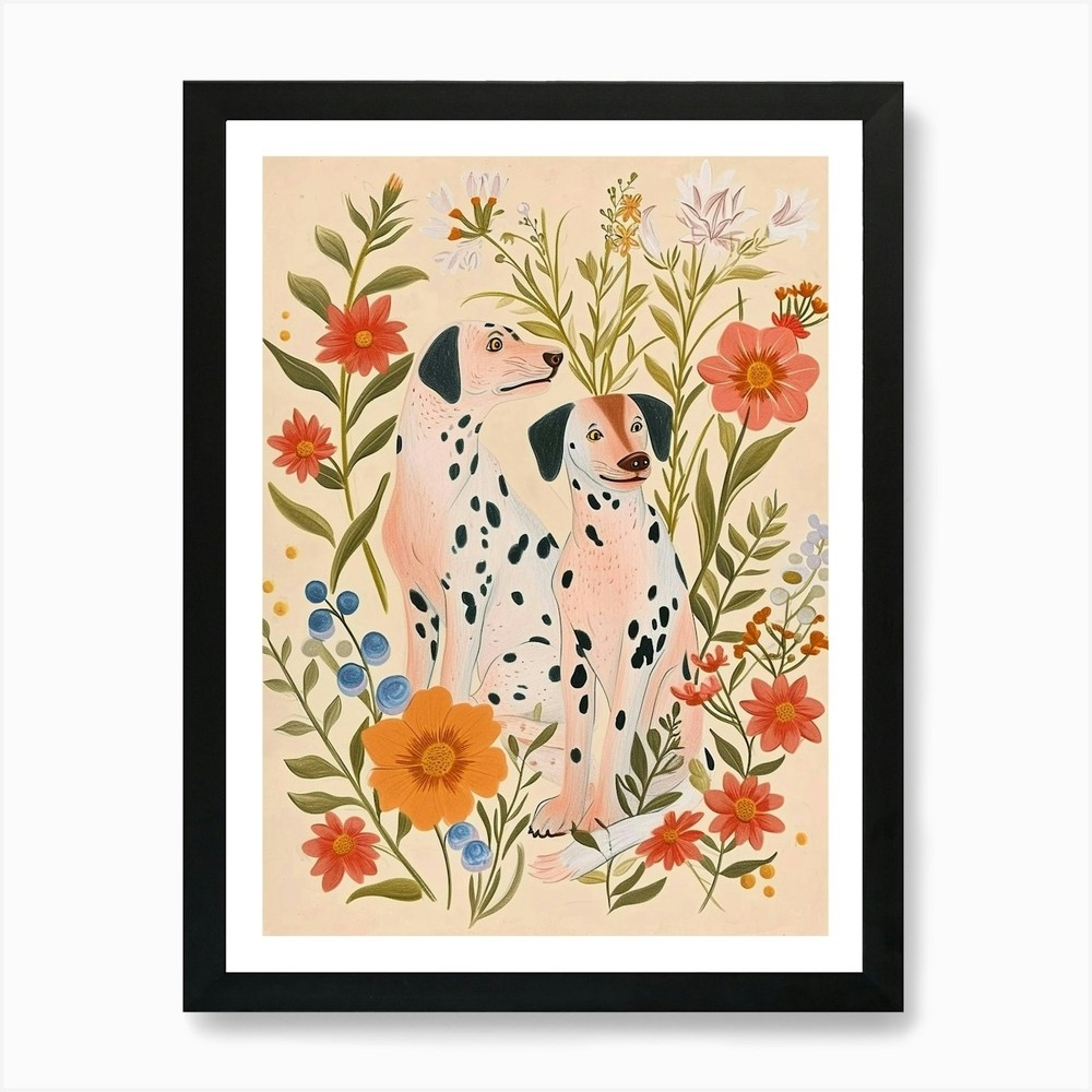 Folksy Floral Dog Art Framed Canvas Print Wall Decor