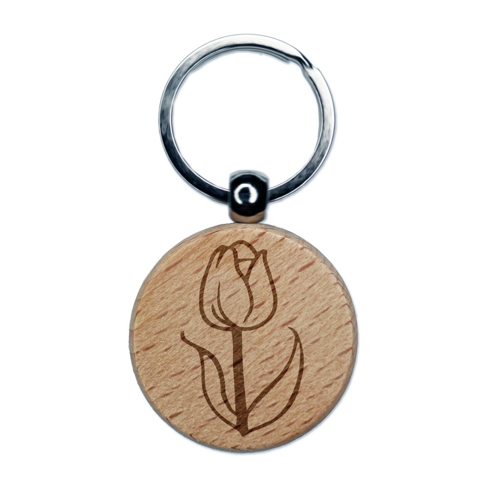 Hand Drawn Tulip Flower Doodle Engraved Wood Round Keychain Tag Charm