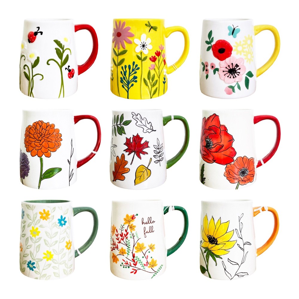Seasonal Flower Leaf Coffee Mug 16 oz Lang Hand Painted Colorful Embossed-image