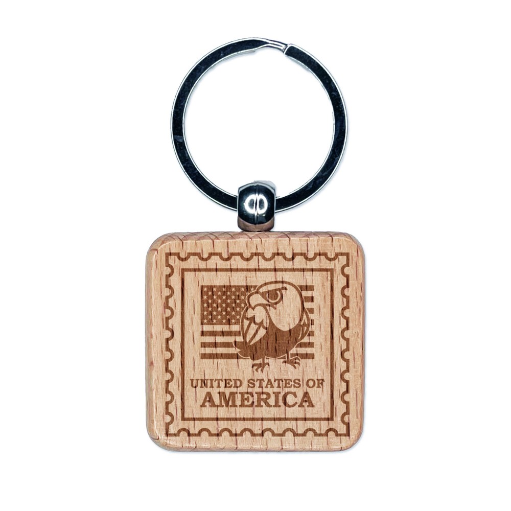 United States of America Travel Bald Eagle US Flag Engraved Wood Square Keychain