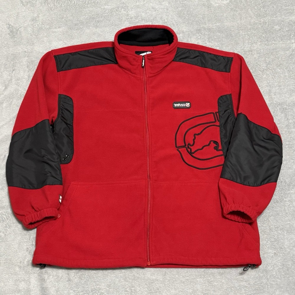 Ecko Unltd Y2K Red Black Fleece Jacket Mens 3XL Full Zip Hip Hop Streetwear Warm
