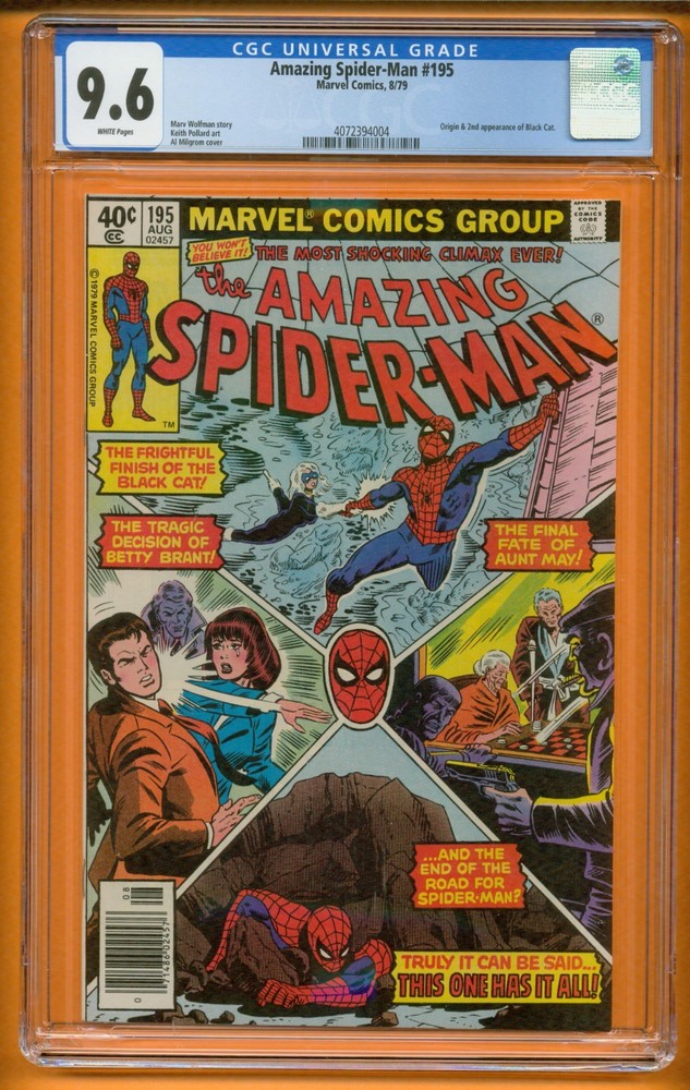 AMAZING SPIDERMAN 195 AUGUST 1979  CGC-GRADED 9.6 NEAR MINT+ WHITE PAGES B25-006