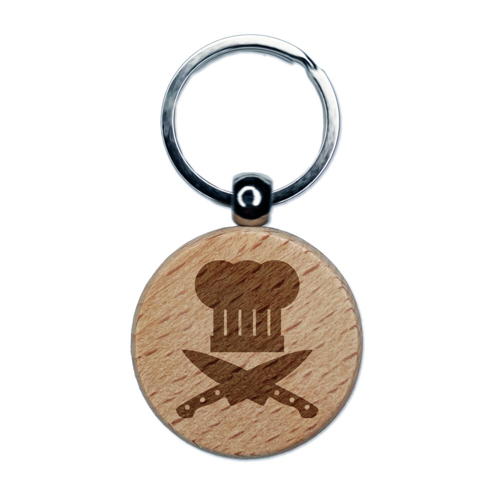 Chef Knife and Hat for Cooking Engraved Wood Round Keychain Tag Charm