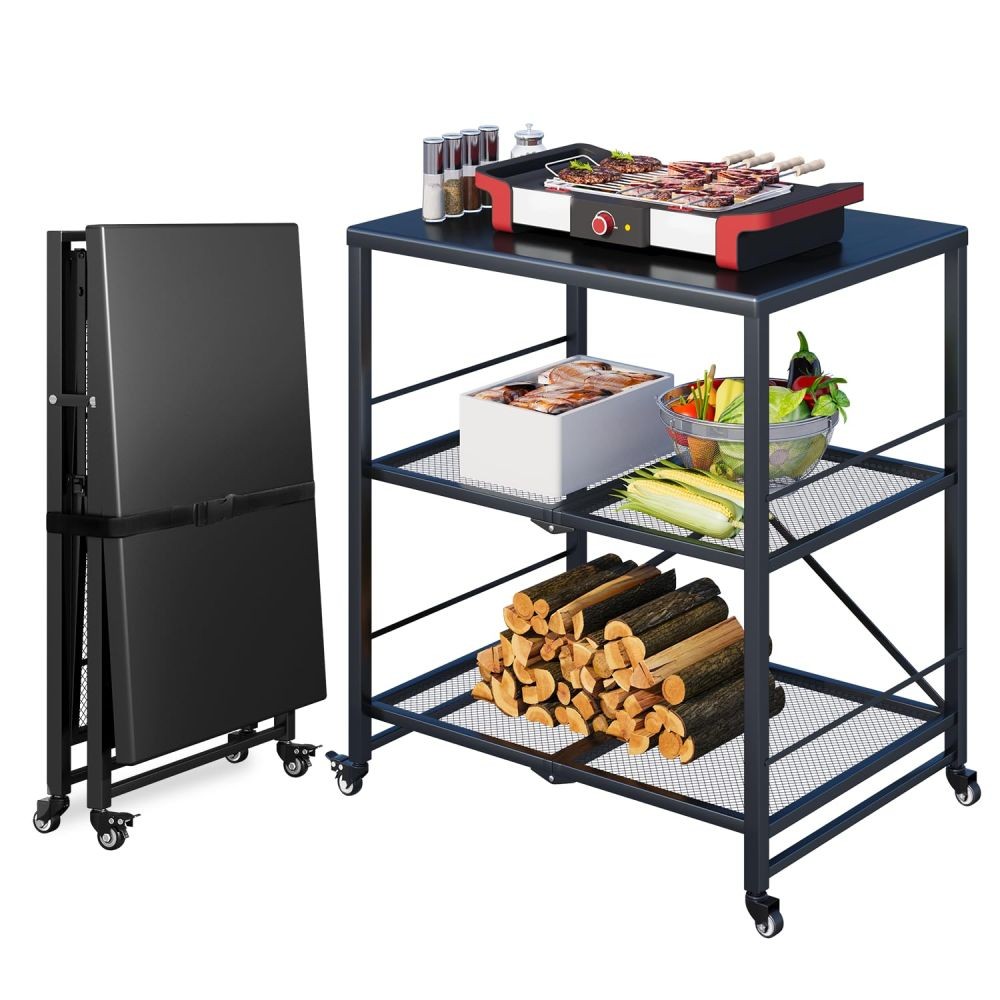 Stainless Steel 3-Tier Outdoor Grill Table with Locking Casters for Pizza Oven