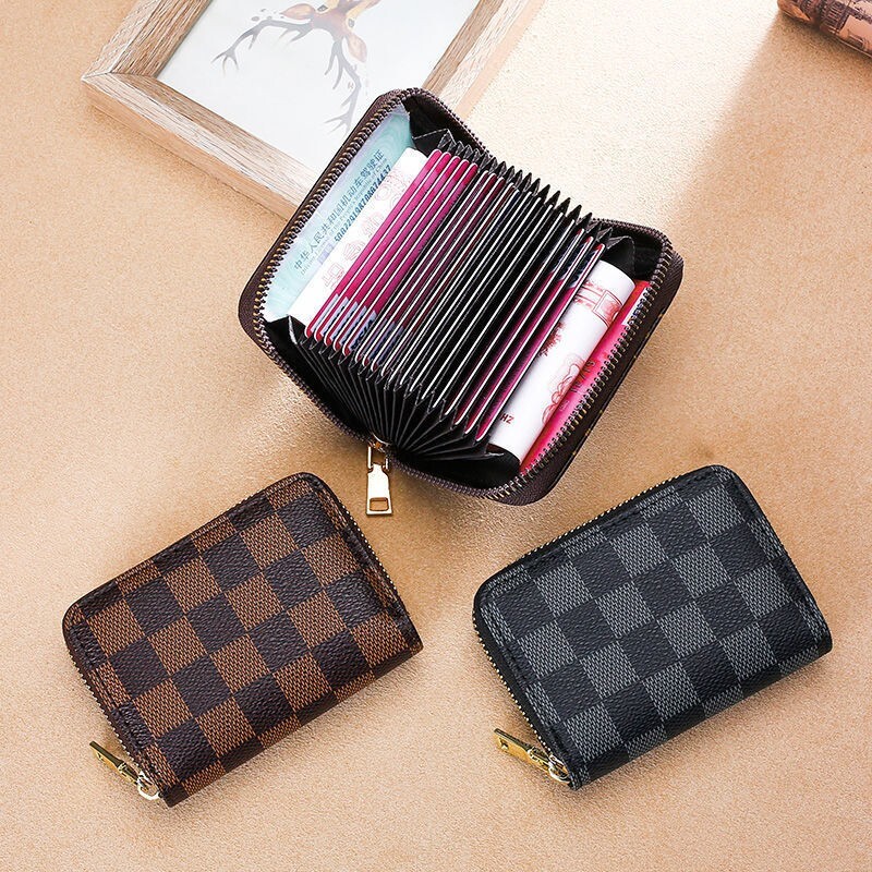 Checkered Zipper Card Holder Wallet - Unisex Vintage Style Square Design