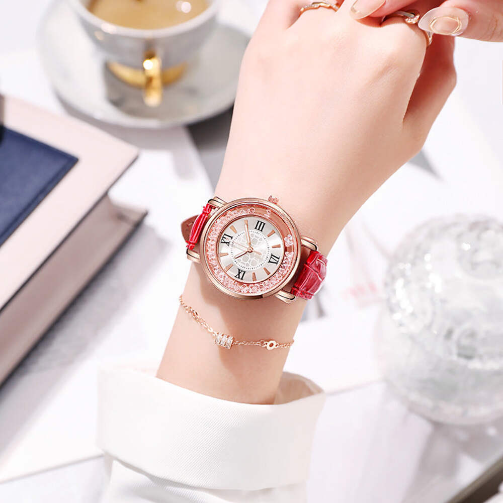Quartz Women's Quicksand Beads Watch with Imitation Leather Strap