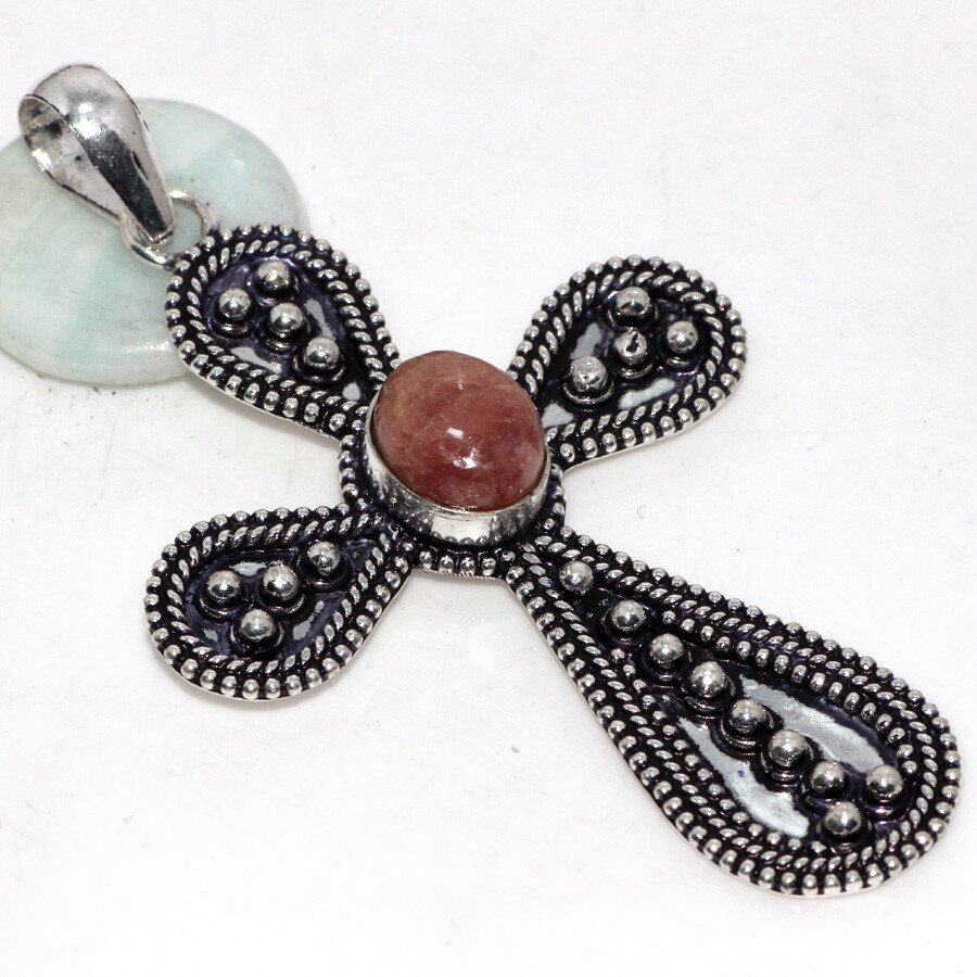 Rhodochrosite 925 Silver Plated Cross Handmade Pendant 3.3