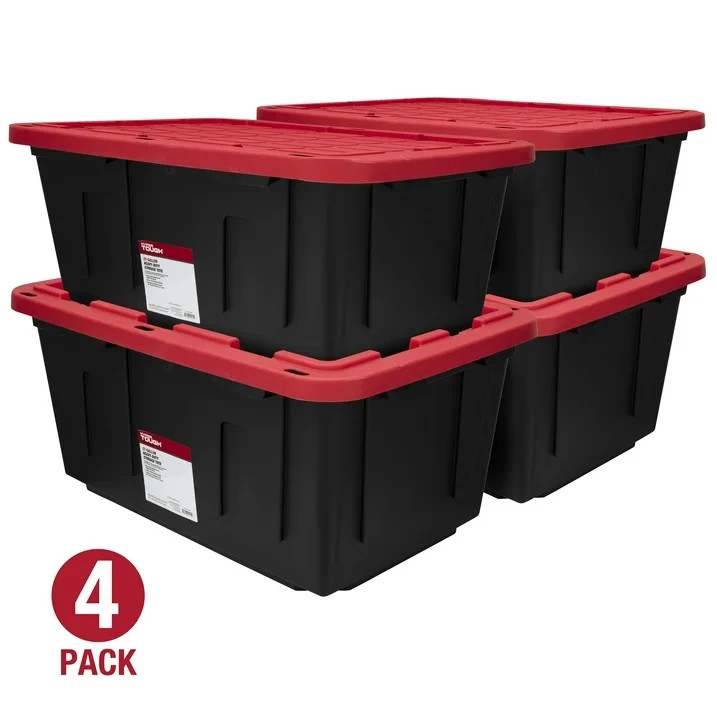 4 Pack 27Gal Stackable Storage Bins Black/Red Snap Lid Container Box
