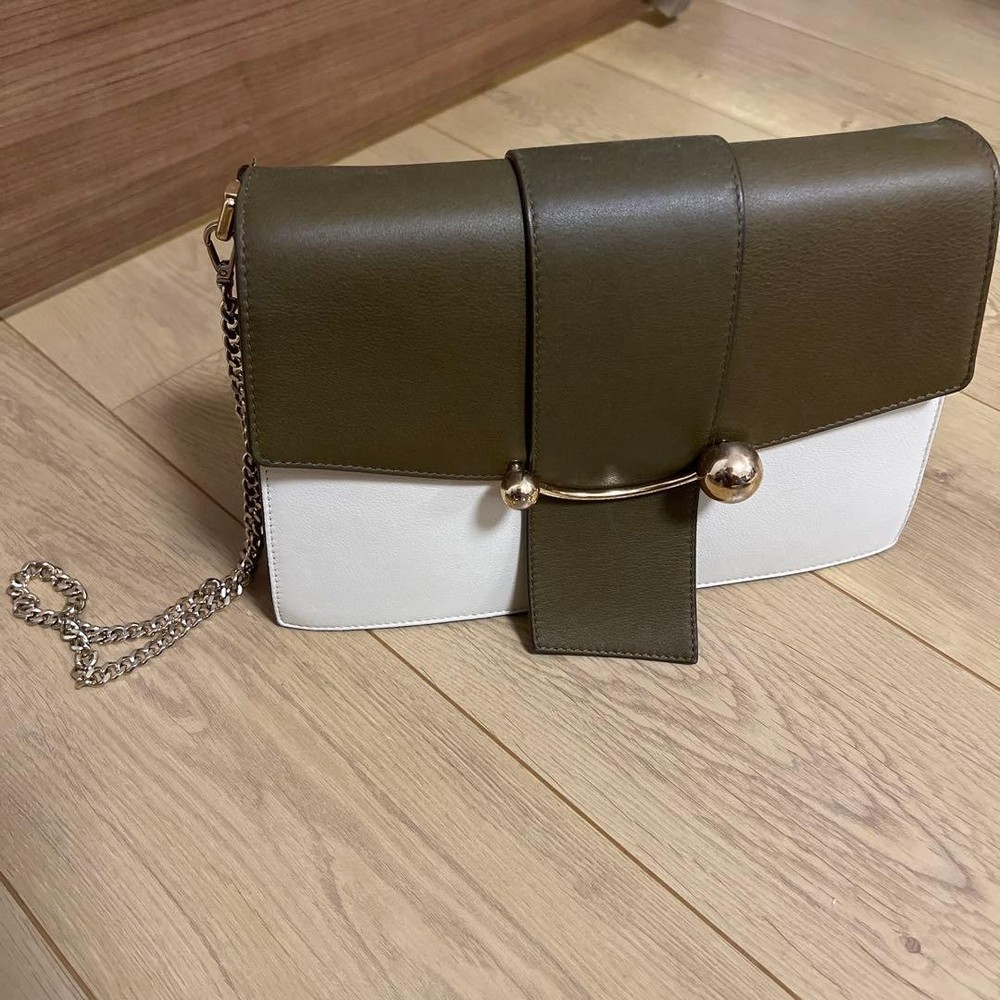 Strathberry Shoulder Bag Green White Leather Stylish Metal Clasp Authentic