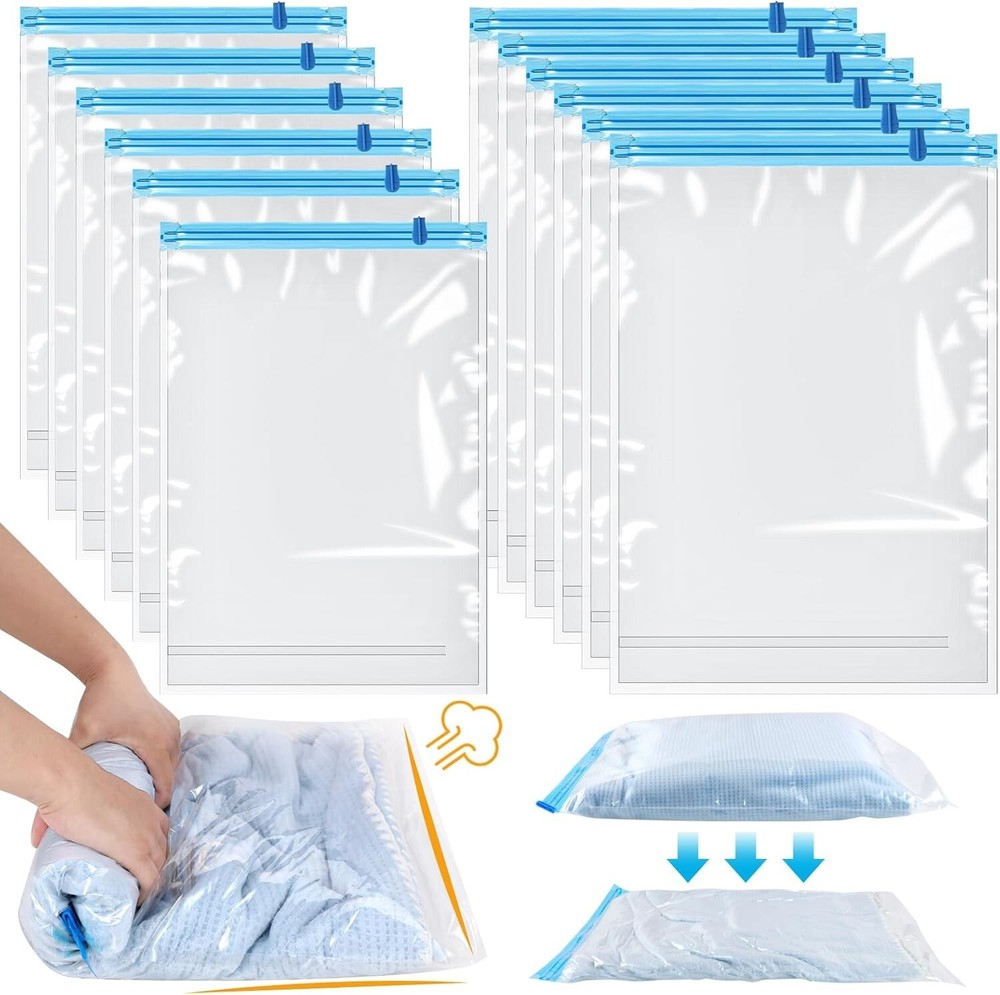 12 Pack Travel Compression Bags, No Vacuum Needed, Space Saving for Suitcases