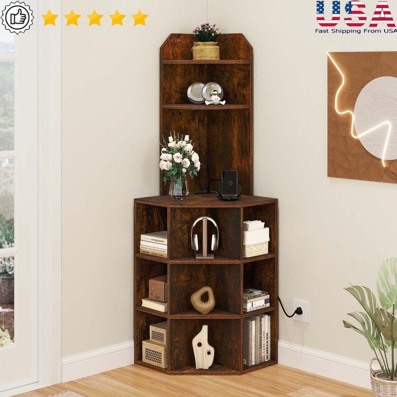 5-Tier Corner Shelf Wooden Display Bookcase Storage Unit W/ USB Ports Outlets