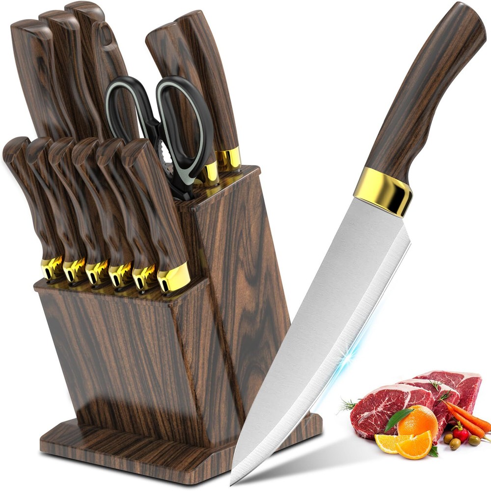 Knife Set, 15-Piece Kitchen Knife Set with Block Wooden German Stainless Steel