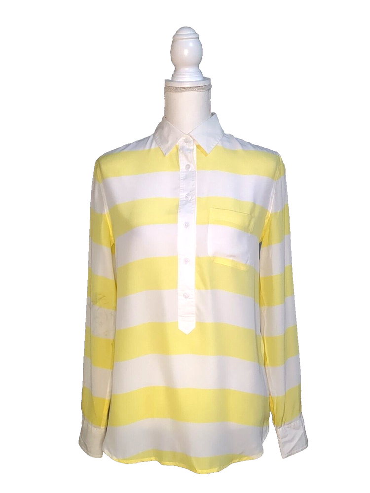 Equipment Women's Silk Button-Up Blouse Yellow White Striped w/ Pocket XS
