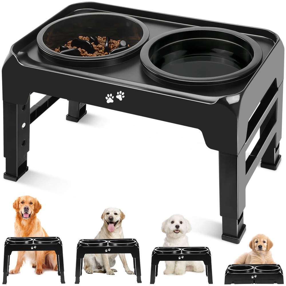Elevated 2-in-1 Adjustable Dog Feeder with Slow Feed Bowl & Water Dish in 4 Heights