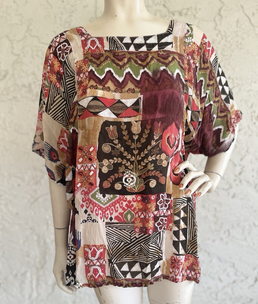 TIANELLO Shelby Top 100% Rayon Multi Color Print Oversized Tunic Art to Wear L