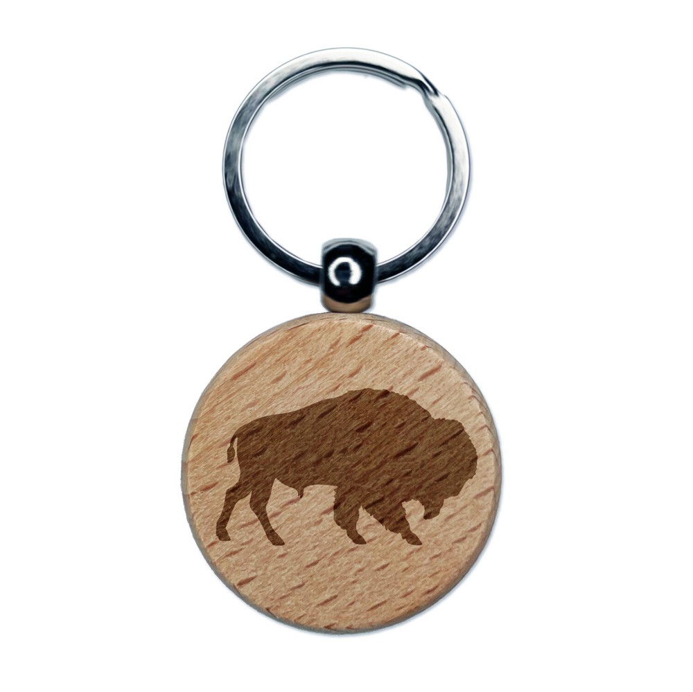 American Buffalo Bison Solid Engraved Wood Round Keychain Tag Charm