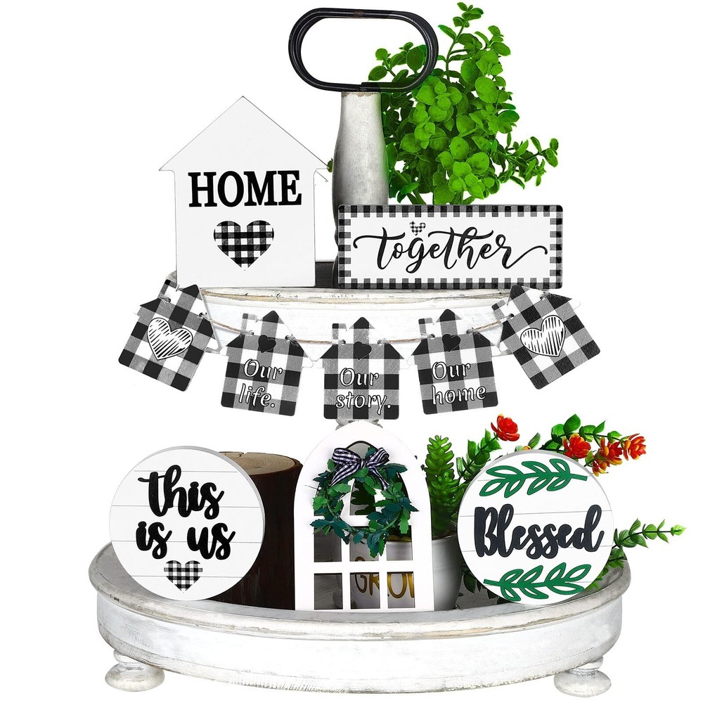 10-Piece Farmhouse Tiered Tray Decor Set - Rustic Wooden Home Sweet Home Accents