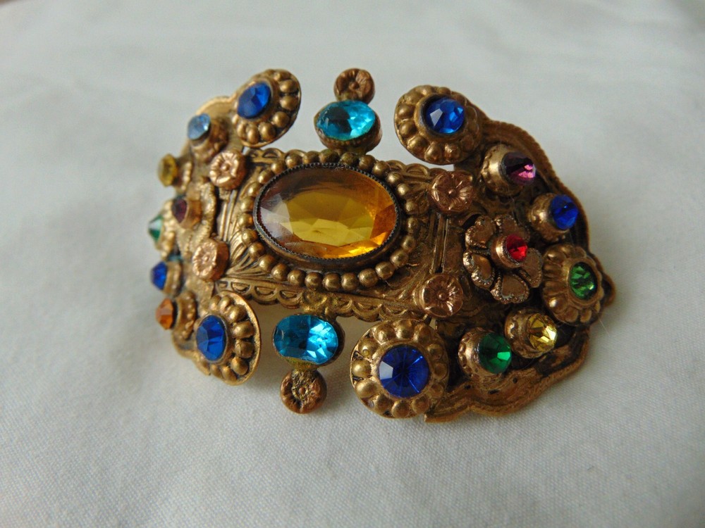 antique Victorian gold colorful crystals hair accessory/ sash brooch