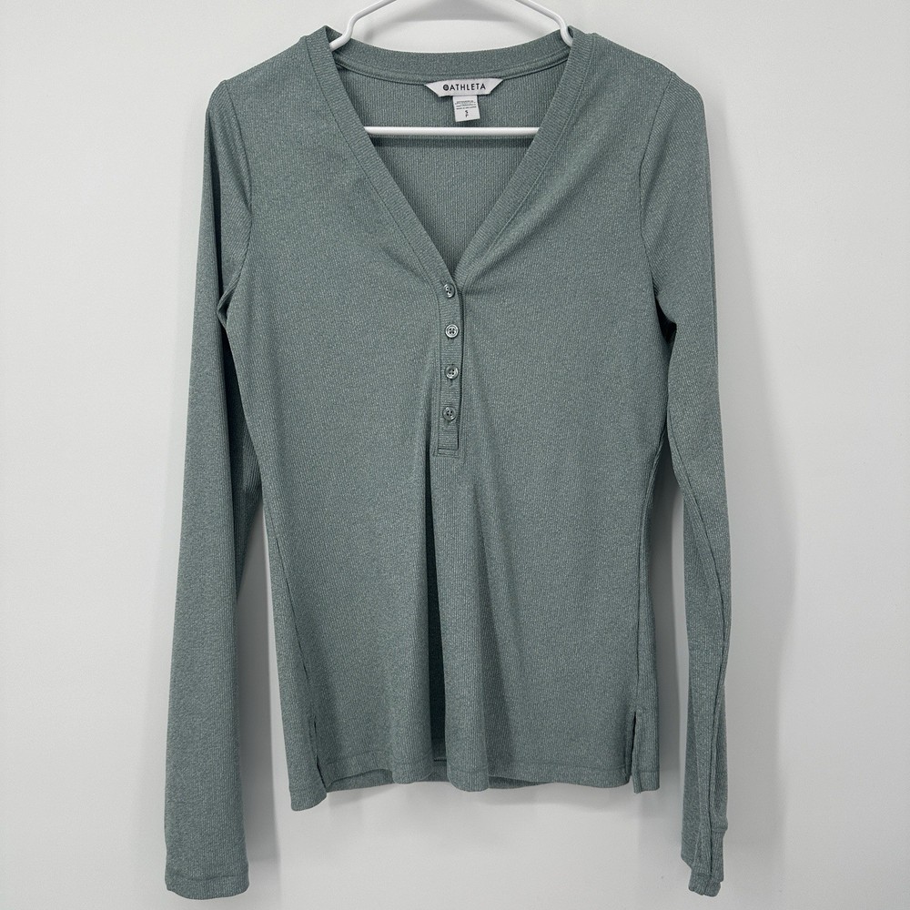 Athleta Uptempo Ribbed Henley Long Sleeve Shirt Womens Size Small Green Top