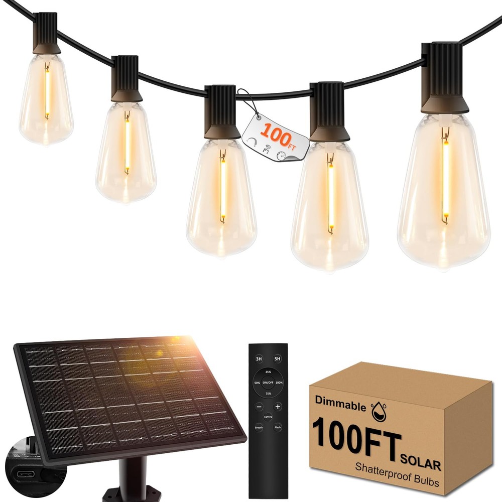 100ft Solar Outdoor String Lights with Remote - USB Rechargeable Solar Powere...