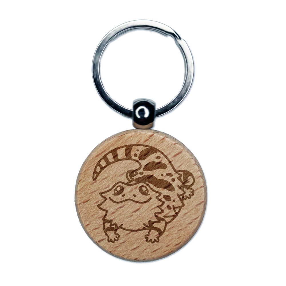 Fat Cute Bearded Dragon Lizard Reptile Engraved Wood Round Keychain Tag Charm