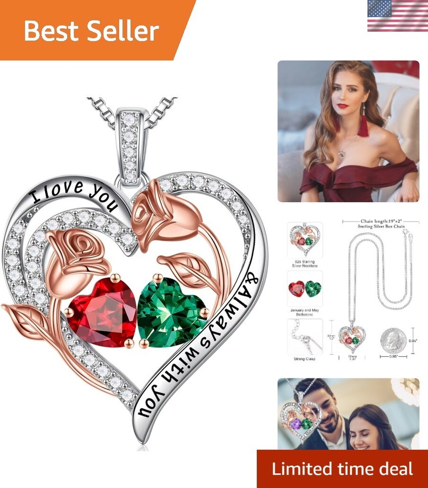 Rose Heart Necklaces for Women - 925 Sterling Silver Rose Heart Birthstone Ne...